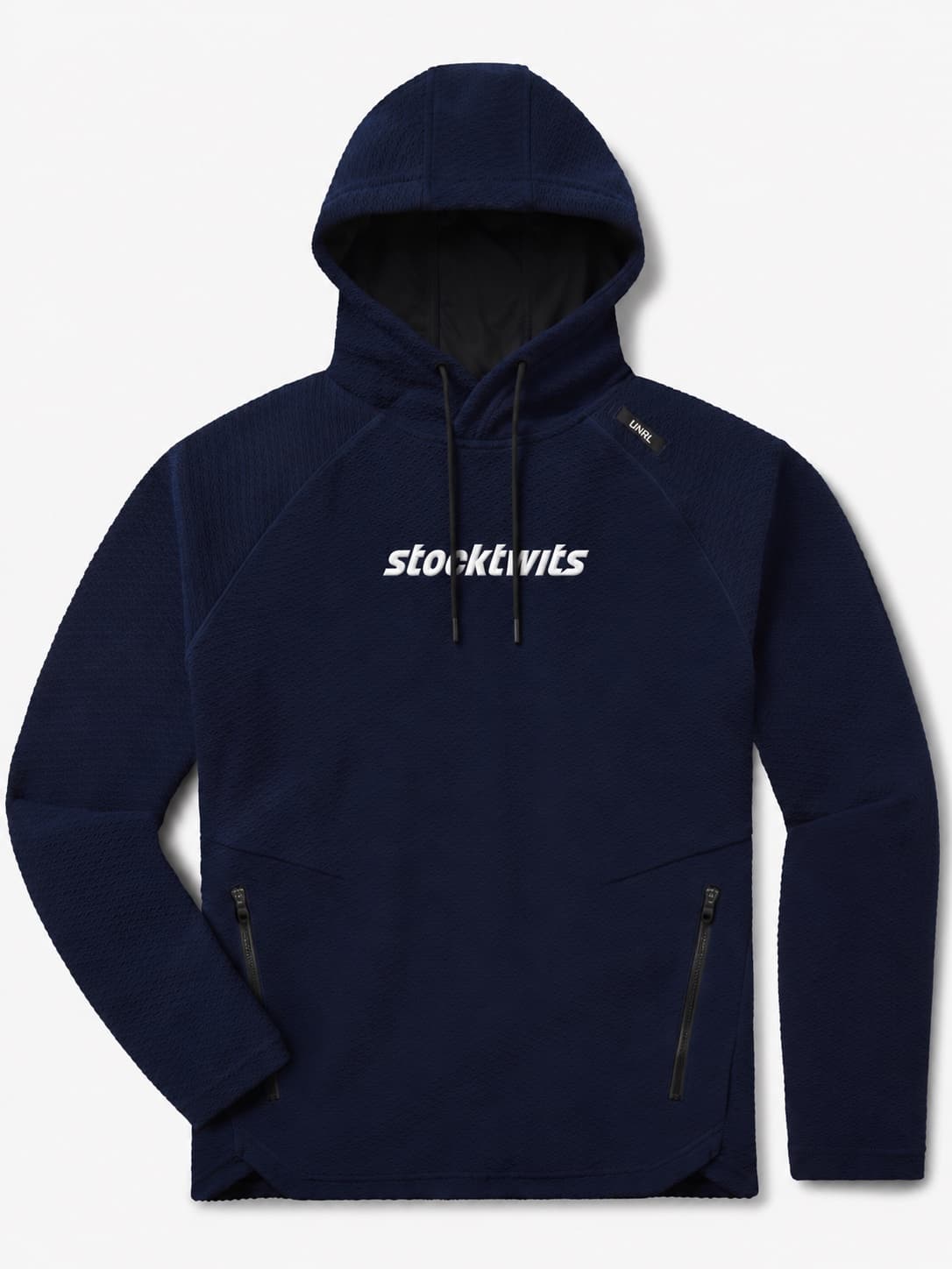 UNRL Elevation Hoodie in Midnight Navy with the Stocktwits wordmark on the chest, laid flat
